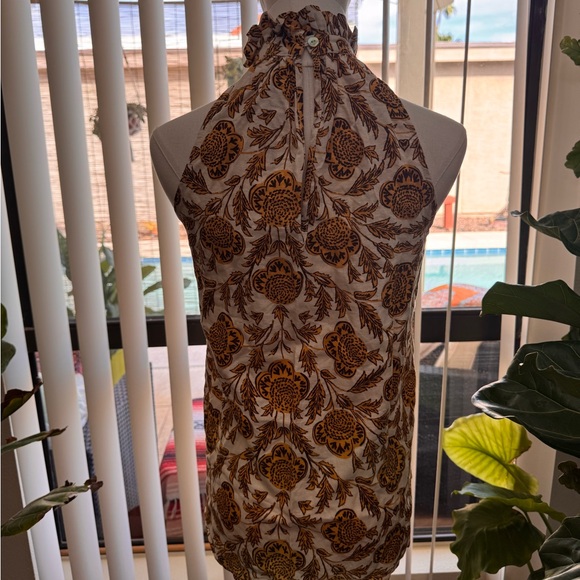 Nicole Miller NY Cream & Golden Yellow Floral Ruffle Mock Neck Halter Top - SM - Picture 2 of 16